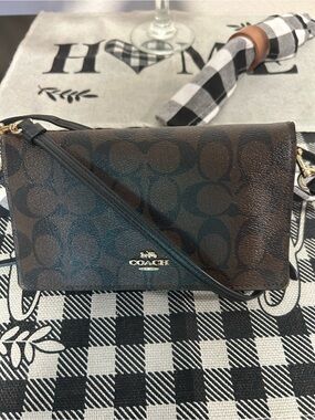 Coach❤️Anna Brown Signature Foldover Crossbody with Gold Logo & Detachable Strap